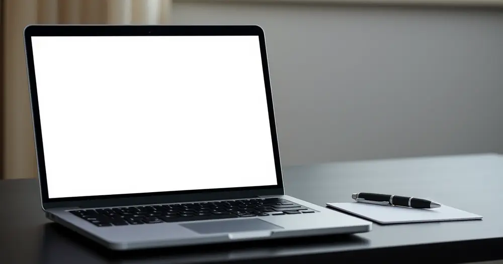 Notebook aberto com tela em branco sobre mesa ao lado de cartão plástico sem inscrições e caneta