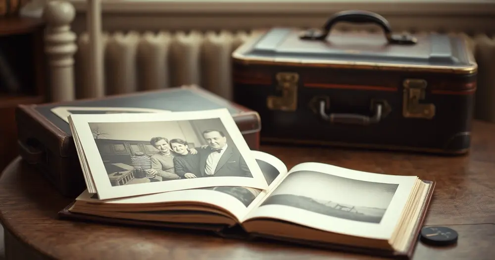 Álbum de fotos de família fechado sobre mesa ao lado de pequena mala antiga sob luz quente