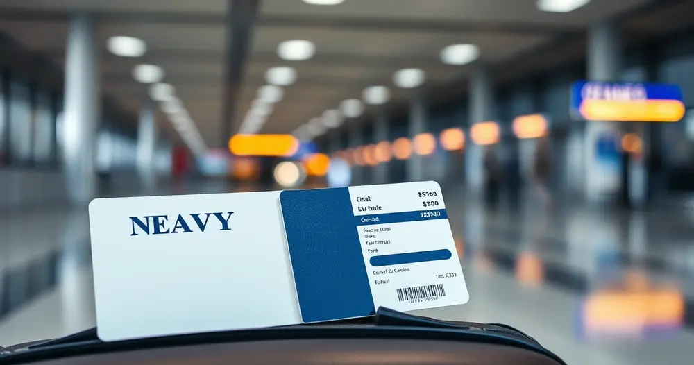 Documento de viagem azul-marinho e cartão de embarque sobre mala em terminal desfocado