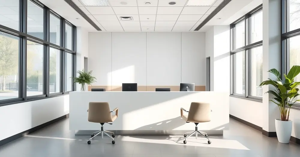 Balcão de cartório moderno e claro com duas cadeiras vazias em frente, sob luz natural