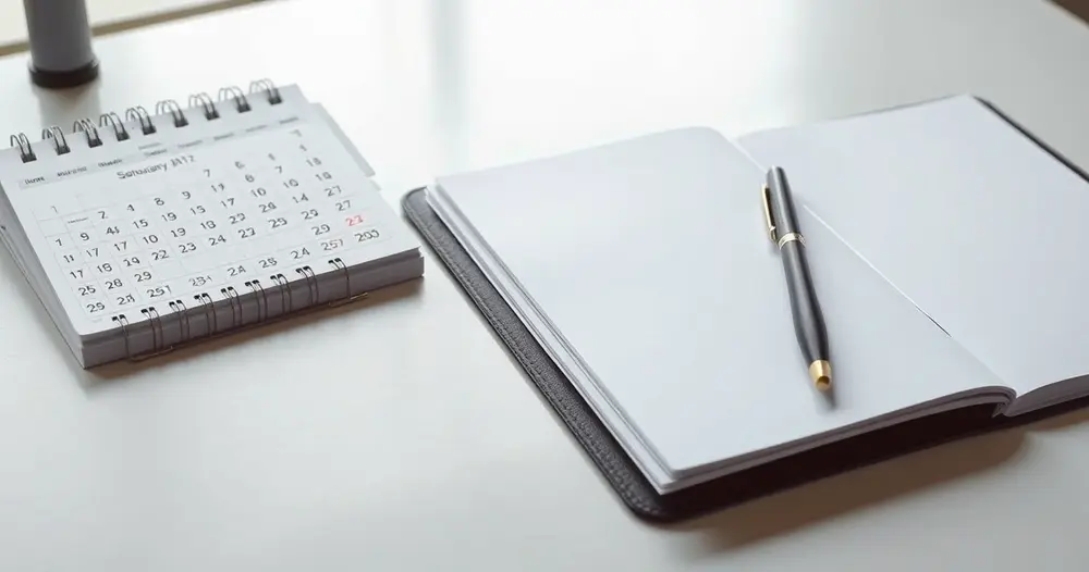 Pasta fechada e caneta sobre mesa limpa ao lado de calendário de mesa com páginas em branco