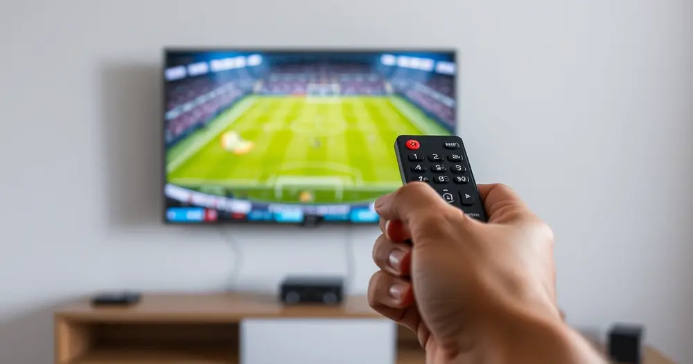 controle remoto apontado para televisão exibindo campo de futebol