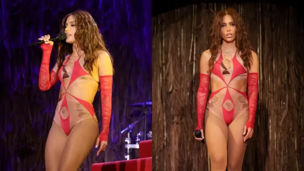 Anitta troca roupa no palco e estreia turnê com body ultracavado